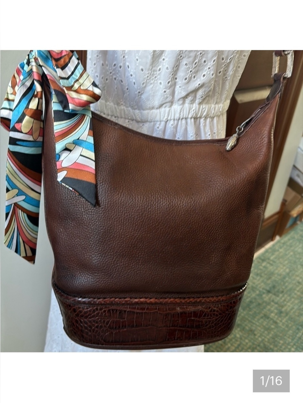 Brighton Vintage shoulder/Crossbody Bucket bag All Leather/ Croc Trim  brown EUC